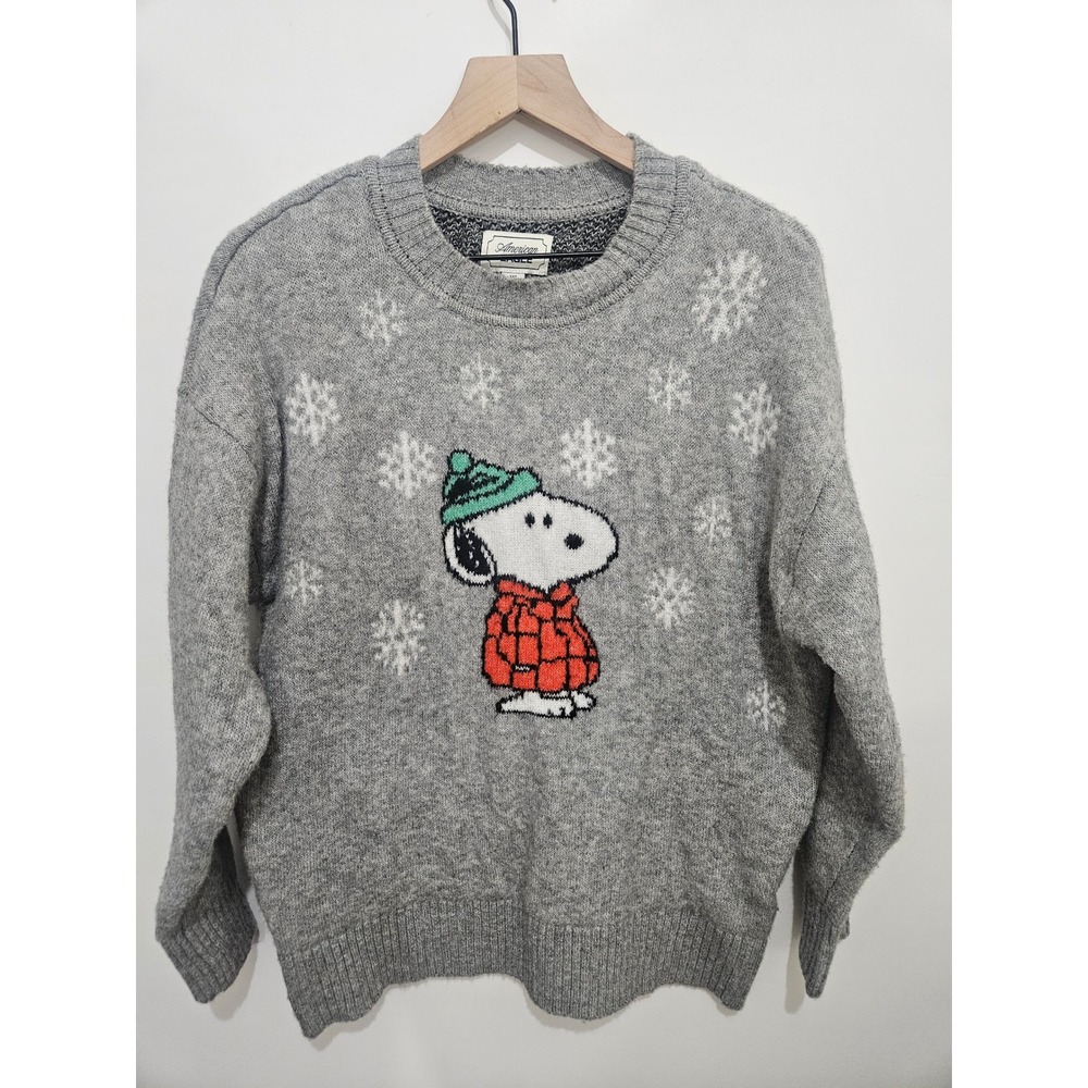 American Eagle Peanuts Snoopy Snowflake Sweater Gray oversize Crewneck Women XXS